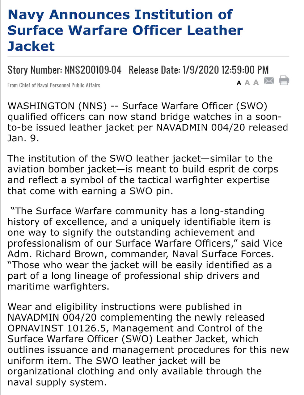 New black leather uniform jackets for SWO Navy officers The