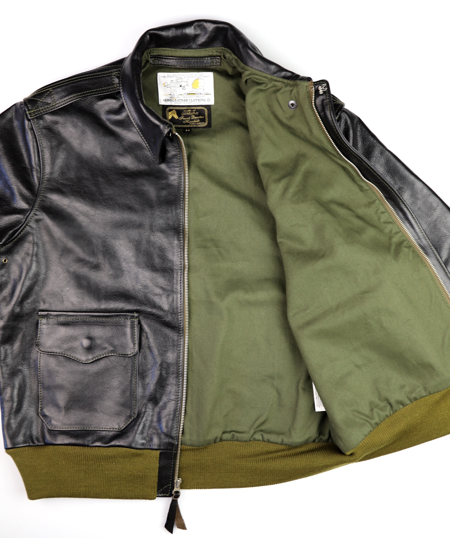 Aero Bronco A-2 Blackened Brown Vicenza LY7 olive cotton drill lining.jpg