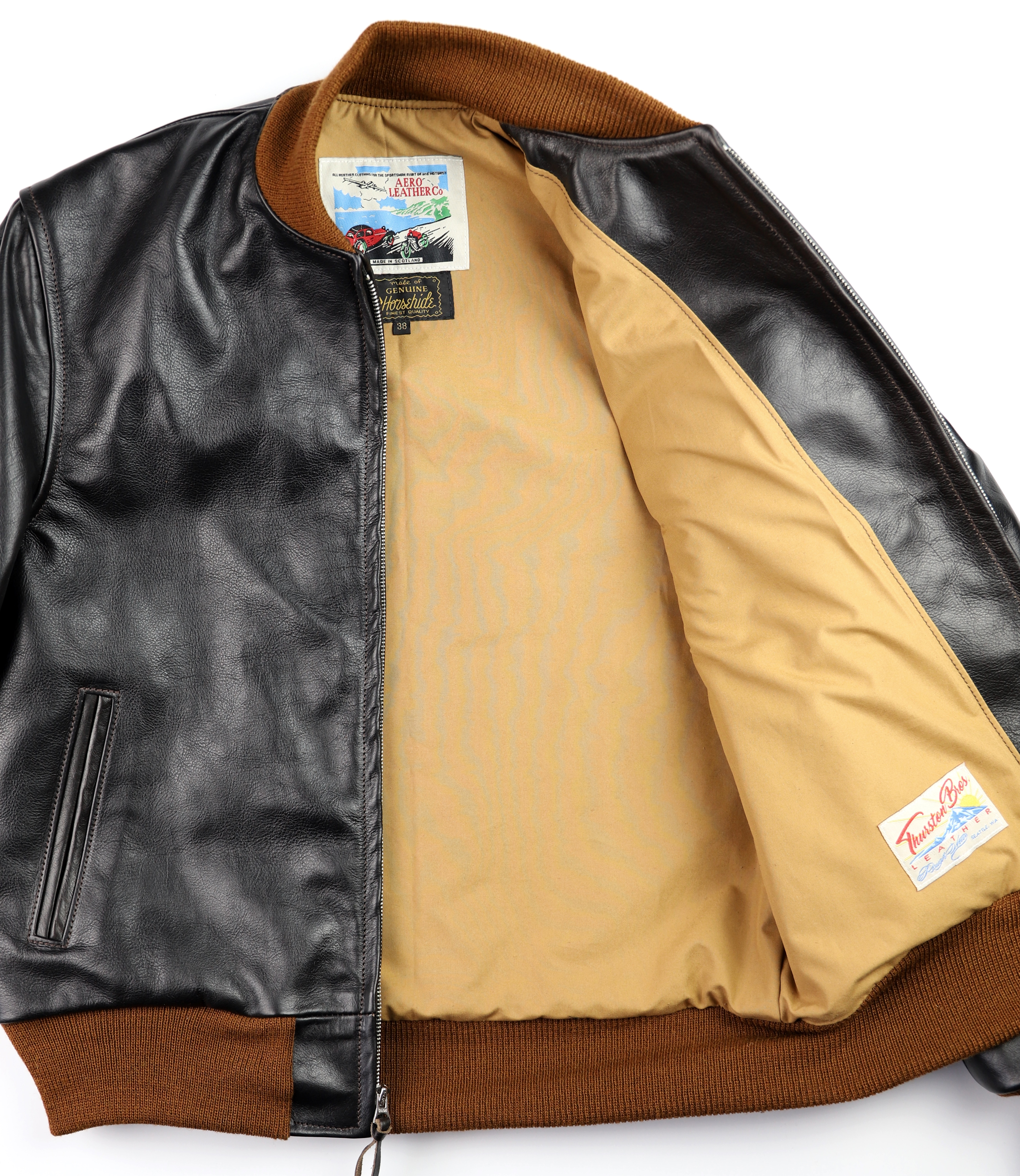 Aero College Jacket Blackened Brown Vicenza Horsehide tan cotton lining.jpg