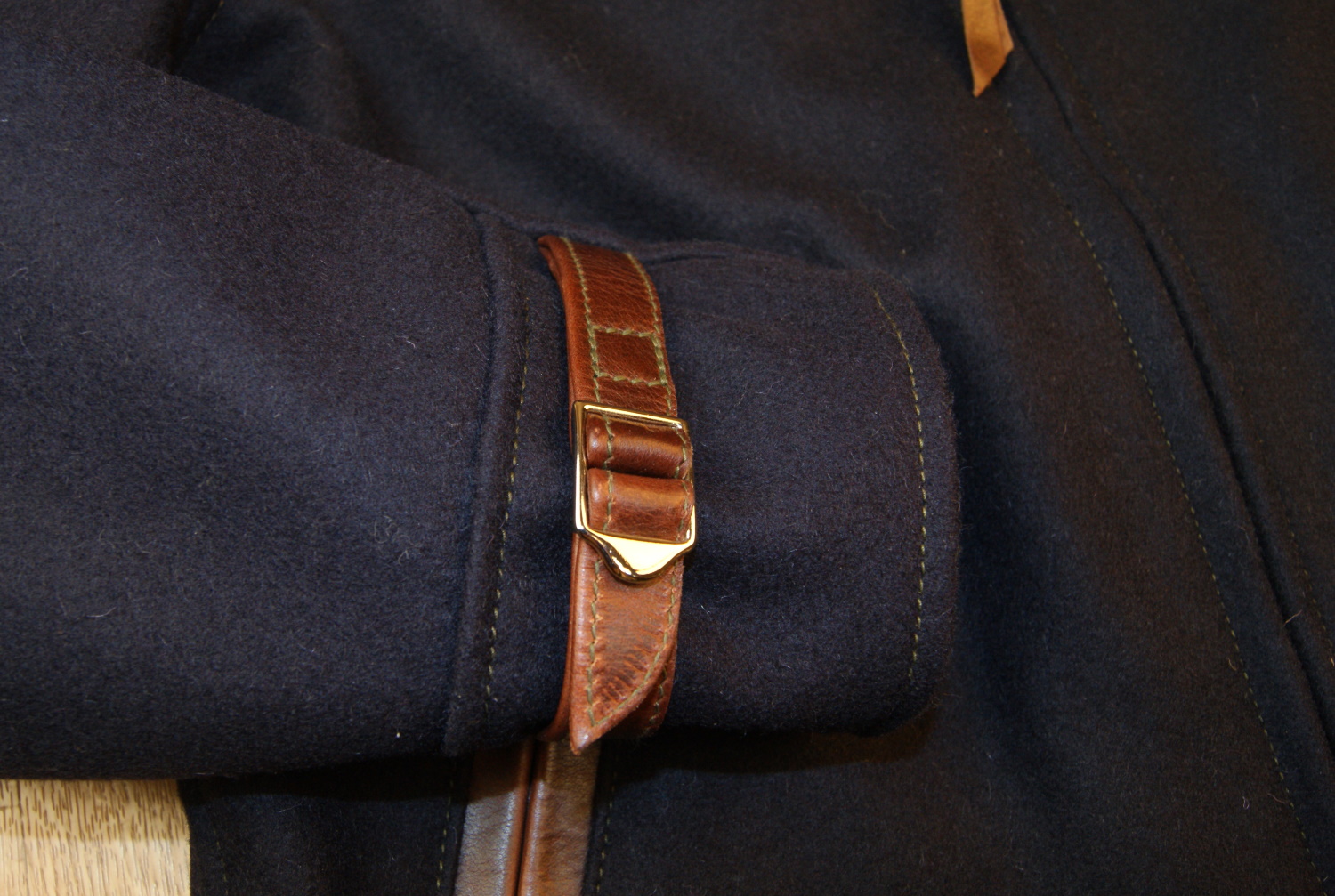 Aero Wool and Horsehide Half Belt Tumbled Brown Navy Melton cinch cuff.jpg