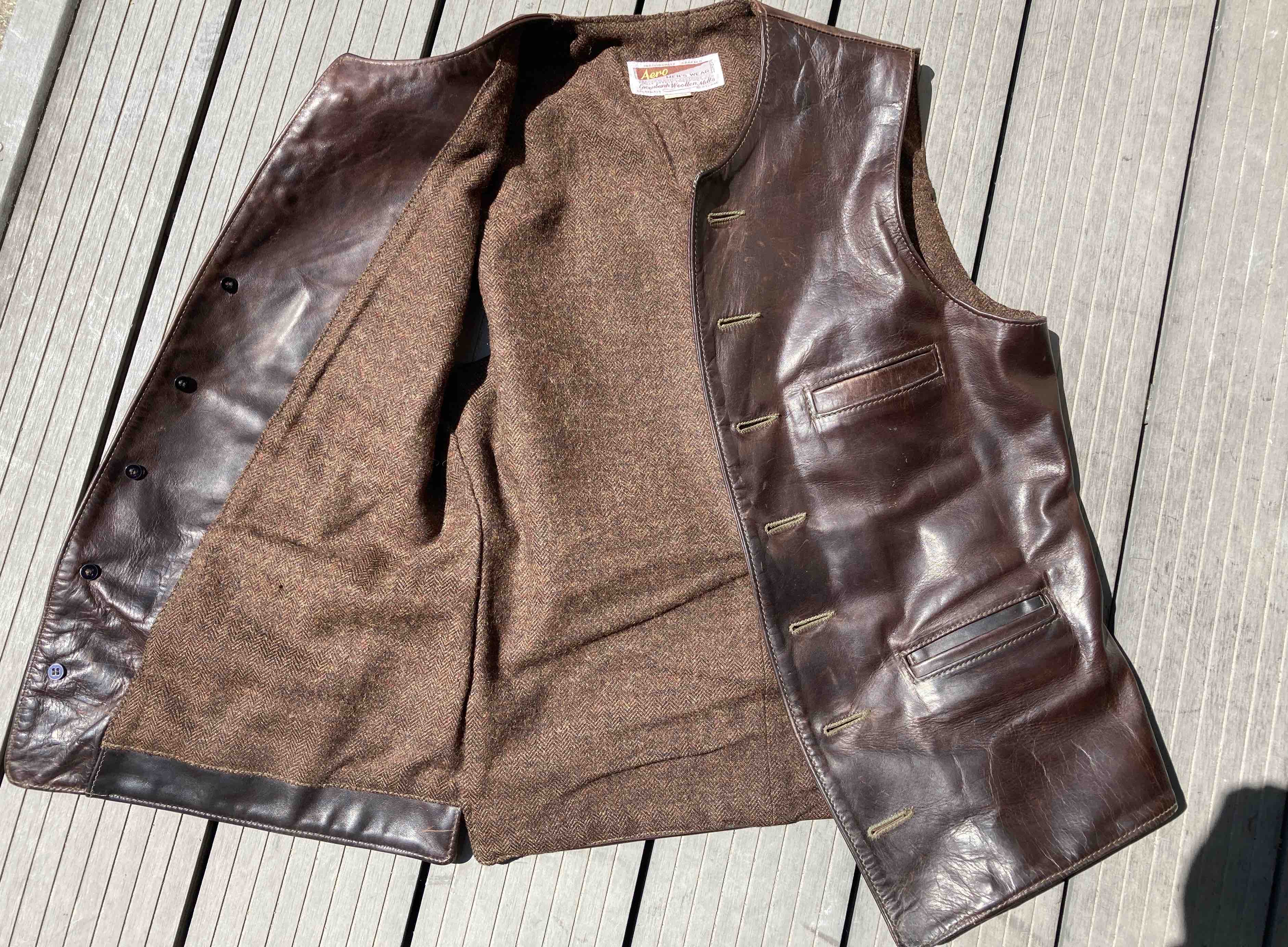 Aero Shackleton Waistcoat Size 38 Battered Seal Leather Back