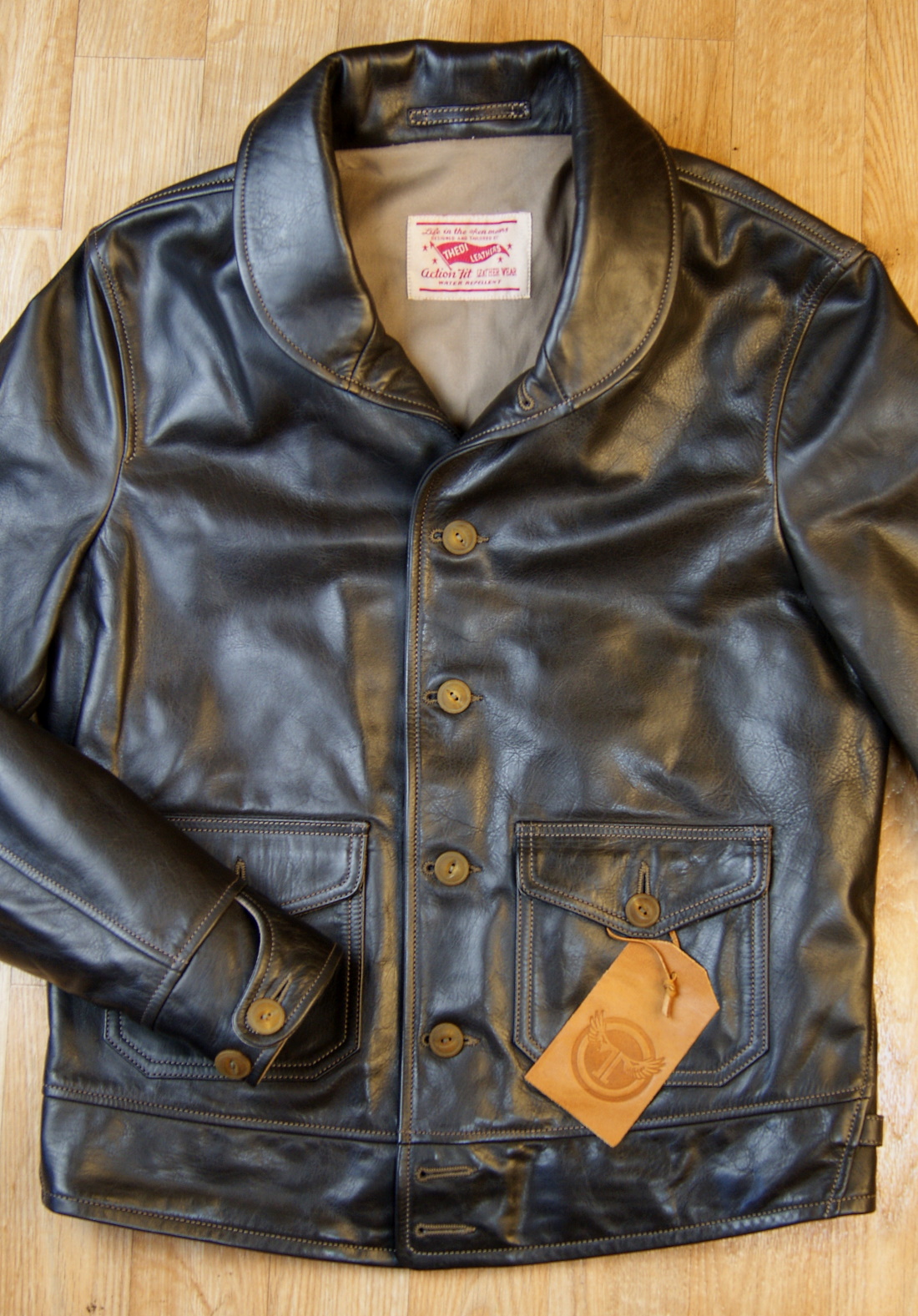 Thedi Button-Up Shawl Collar Brown Horsehide SBP front.jpg