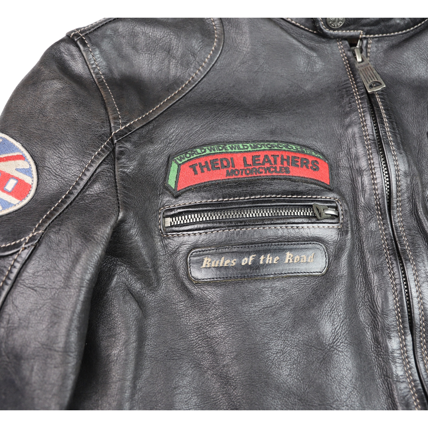 Thedi Cafe Racer with patches Black Teacore Bruciato Horsehide chest pocket.jpg