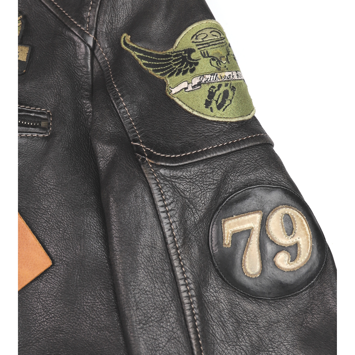 Thedi Cafe Racer with patches Black Teacore Bruciato Horsehide patch.jpg