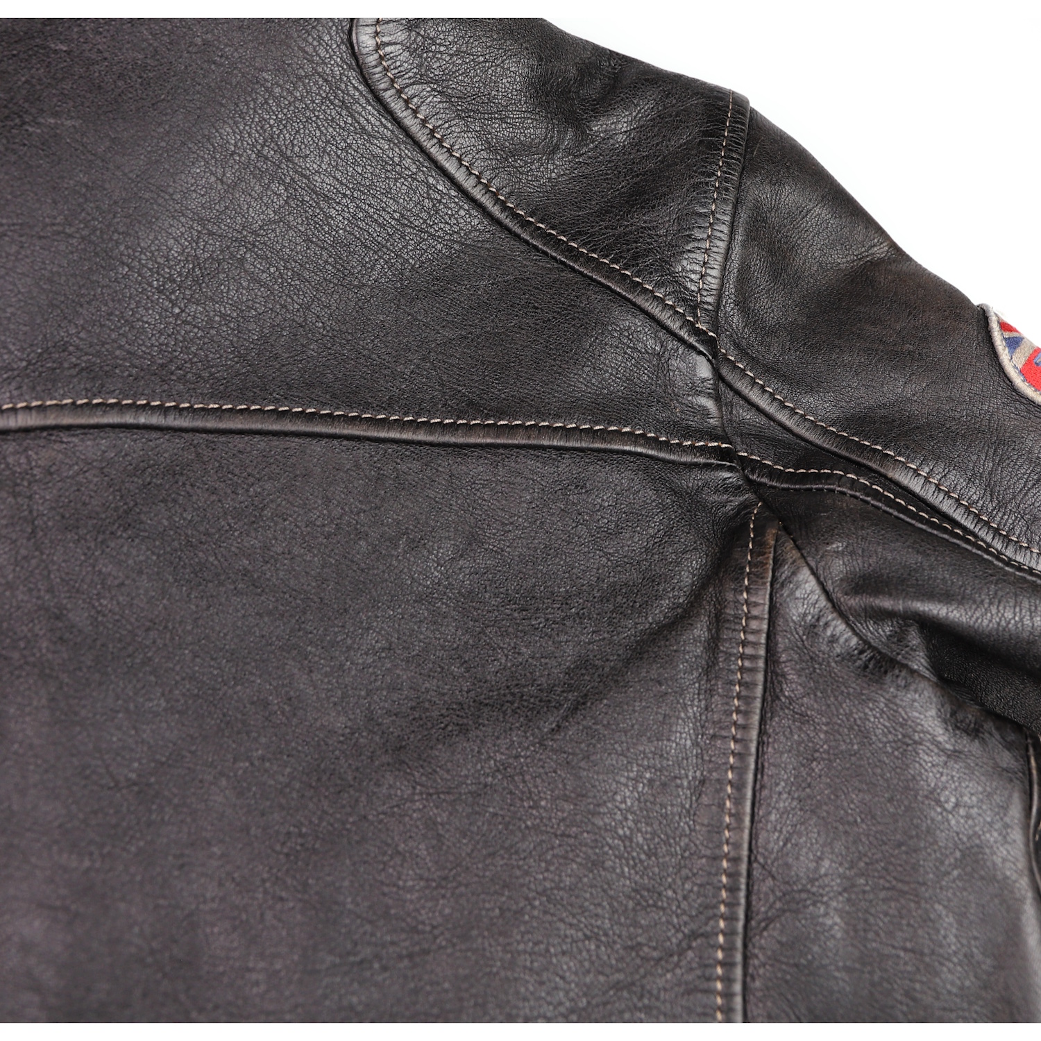 Thedi Cafe Racer with patches Black Teacore Bruciato Horsehide upper back.jpg