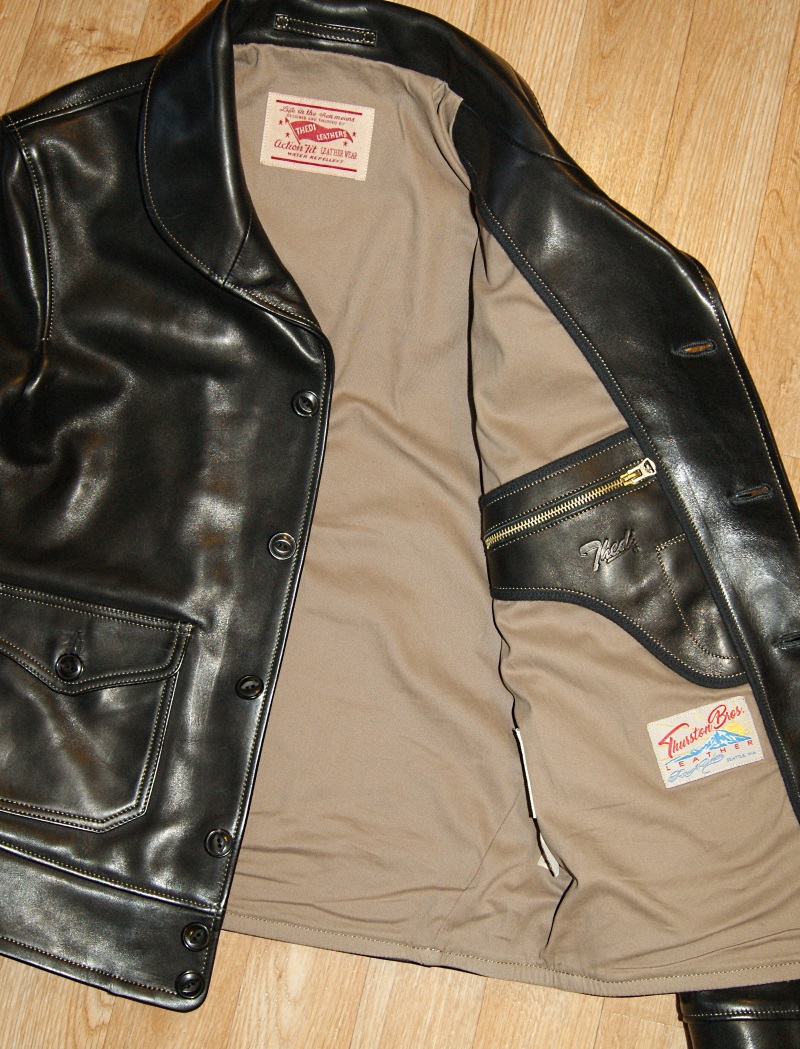 Thedi Shawl Collar Button-Up Jacket Black Cowhide tan lining.jpg