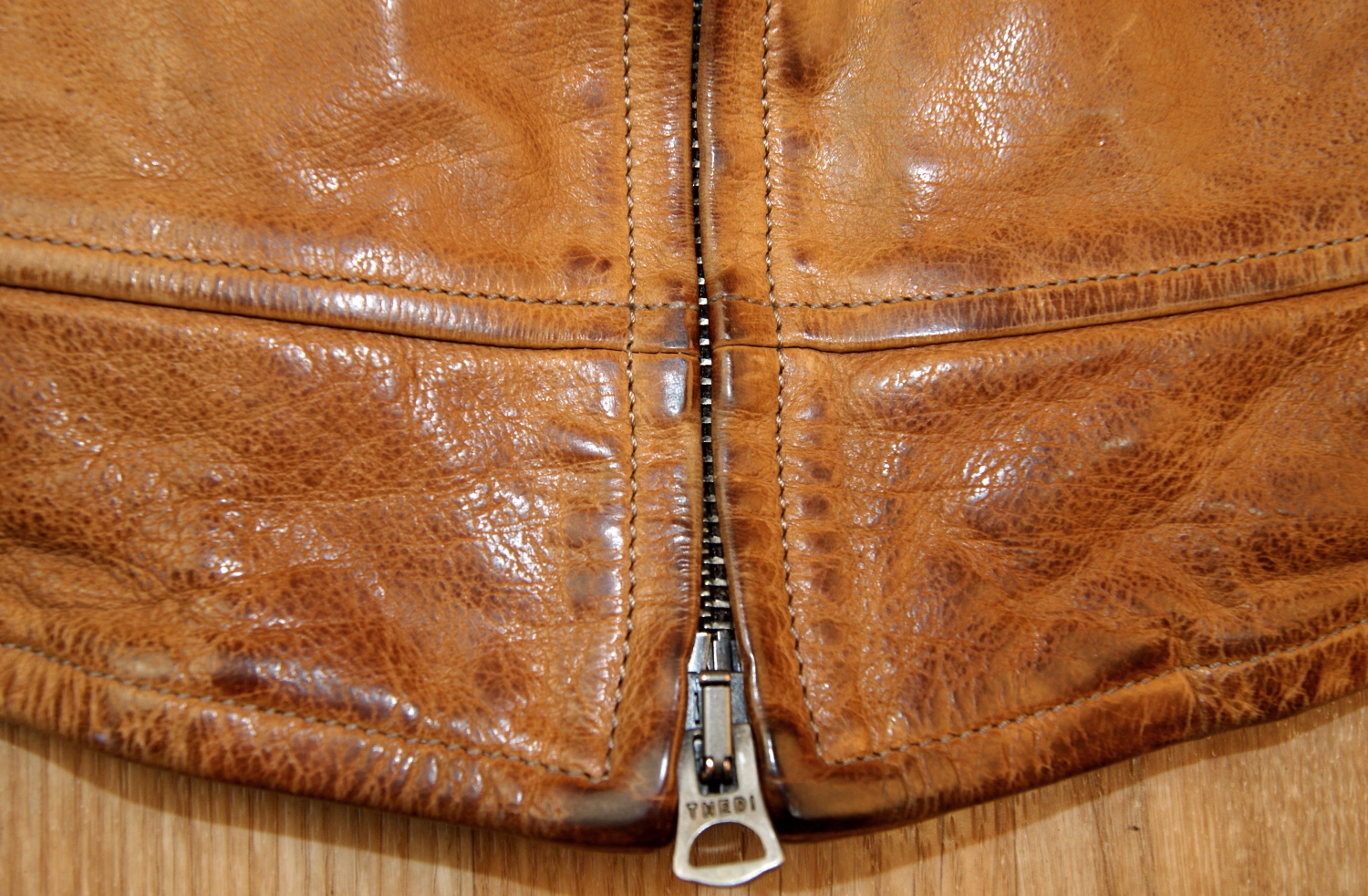 Thedi Zip-Up Shawl Collar Washed Cuoio Buffalo XL bottom zipper.jpg