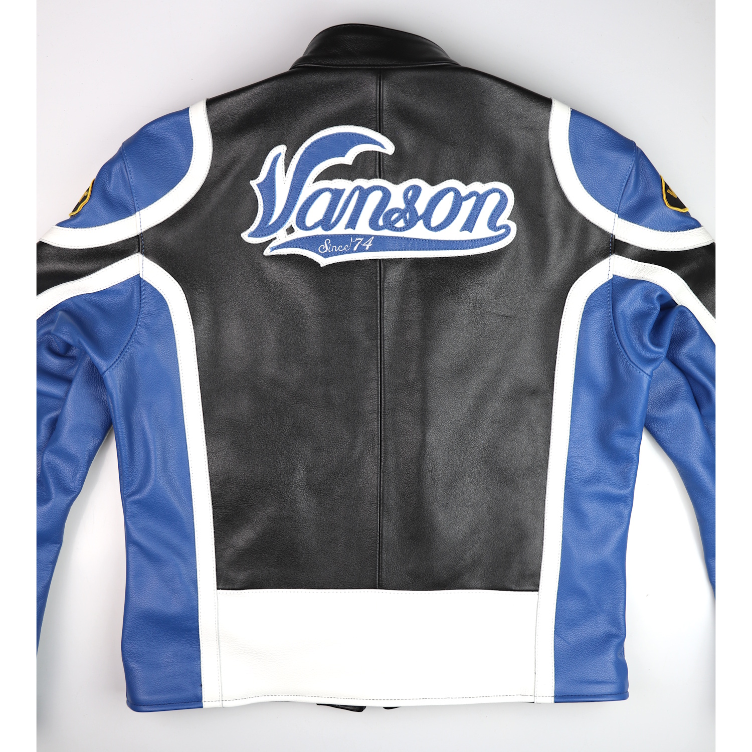 Vanson custom Race Jacket Blue White stripes back.jpg
