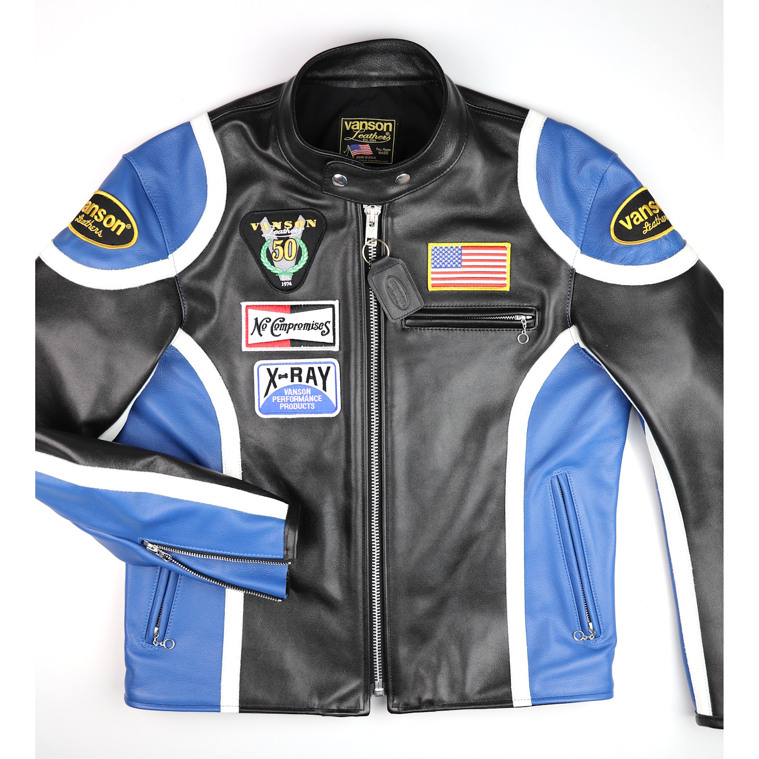 Vanson custom Race Jacket Blue White stripes front.jpg