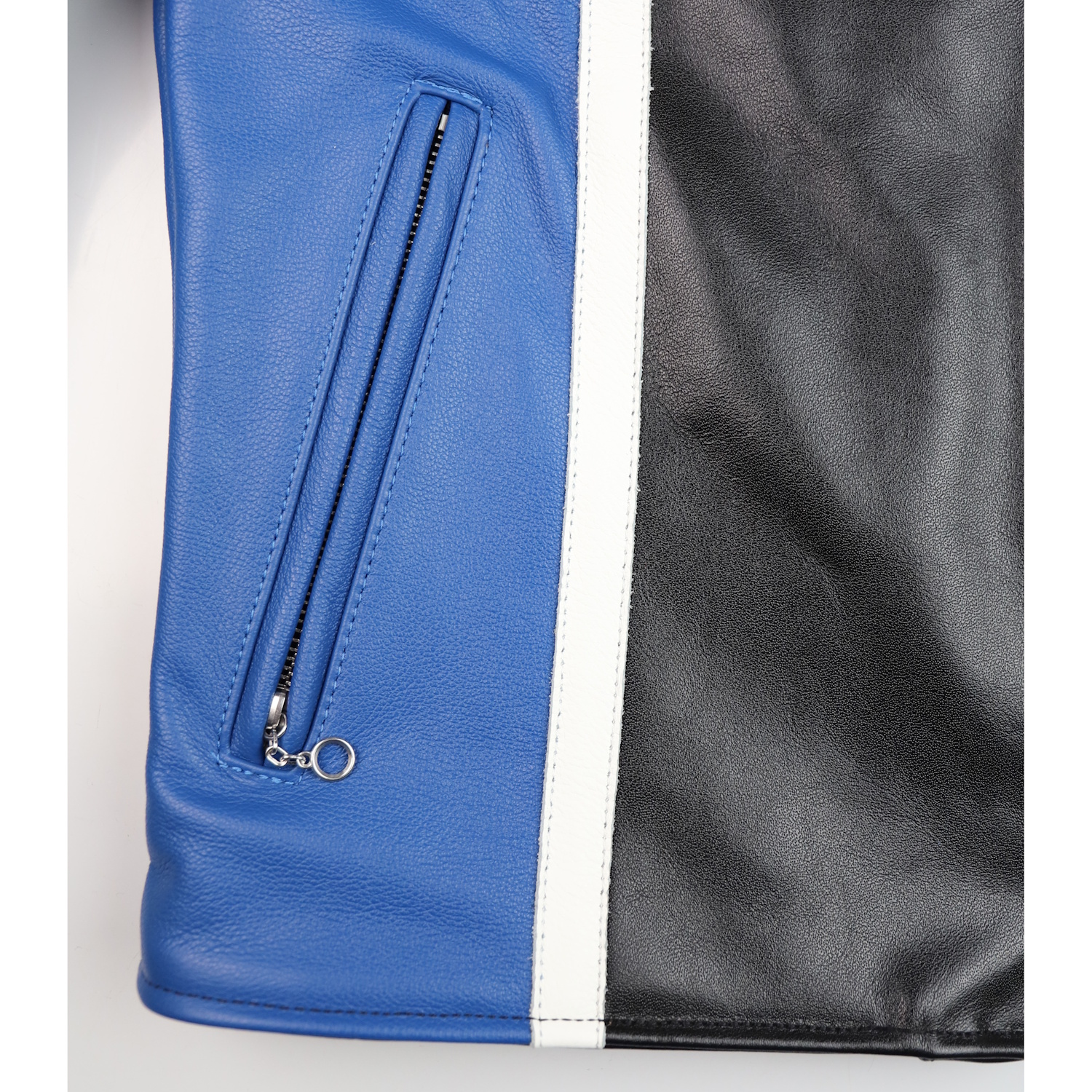 Vanson custom Race Jacket Blue White stripes handwarmer.jpg
