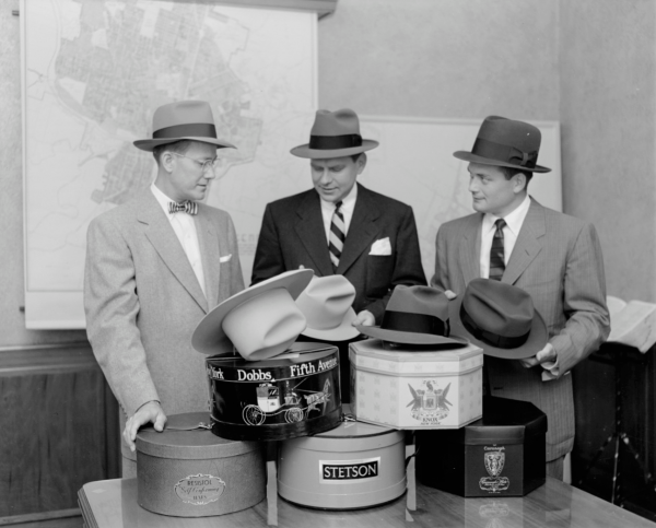 Charles McAden and others holding hats on Felt Hat Day Austin Texas 1953.png