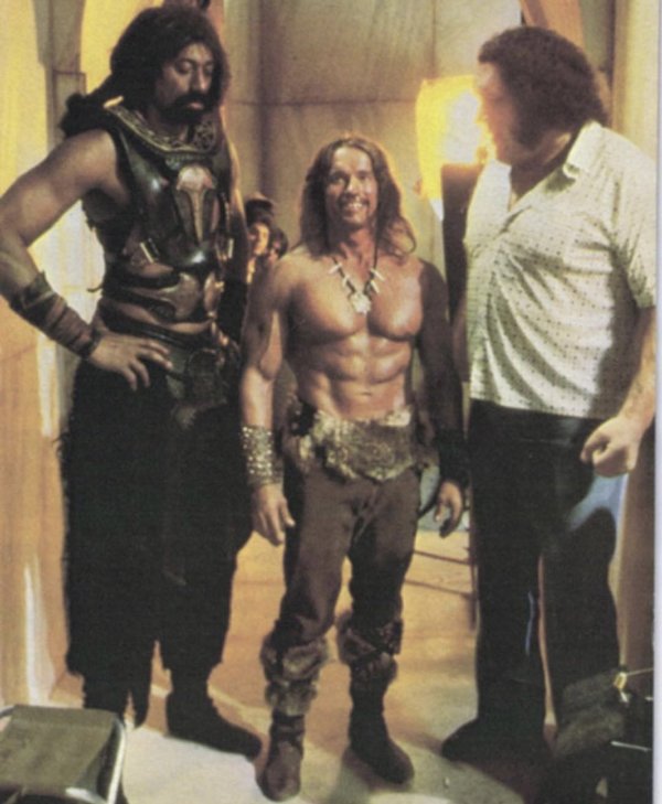 Arnold Schwarzenegger with Wilt Chamberlain and Andre the Giant on the set of Conan the Destro...jpg